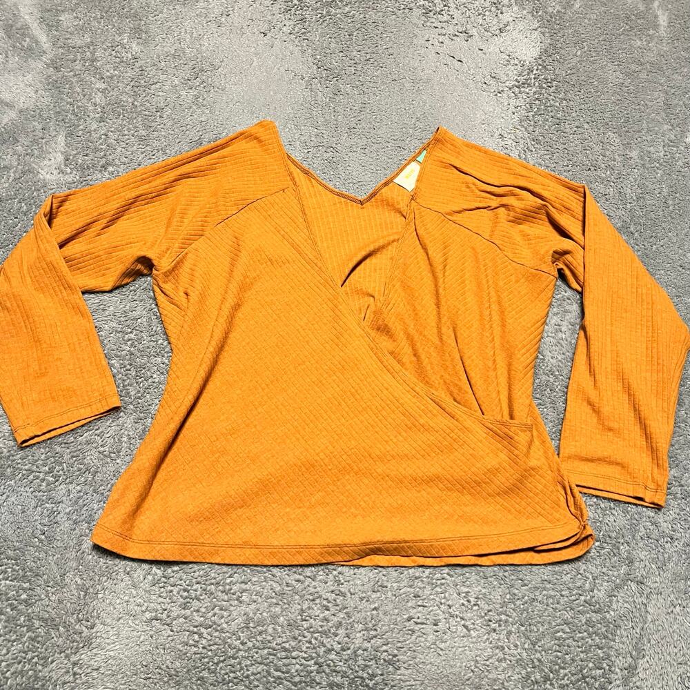 Maeve Anthropologie Shirt Women 3XL Orange Ribbed Long Sleeve V Neck Wrap